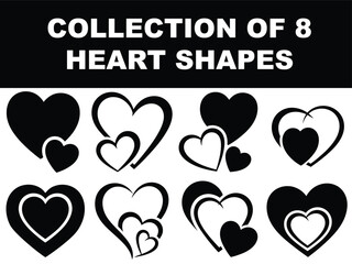 Collection of eight heart shapes presented as vector graphic art for Valentine's Day and romantic design applications.
