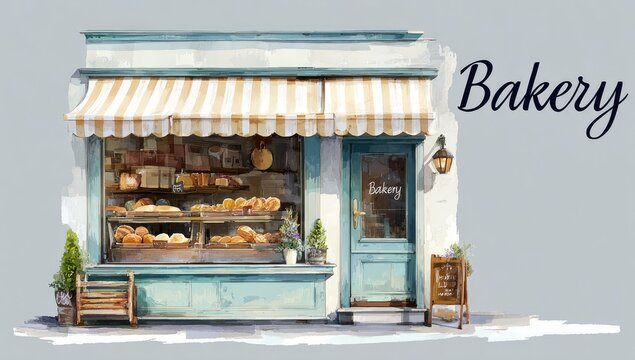 Pastel-toned bakery storefront illustration