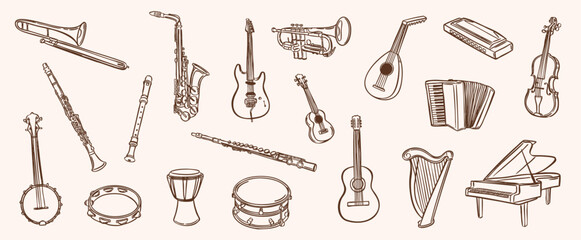 set of music instrument illustration - hand drawn sketch doodle vector