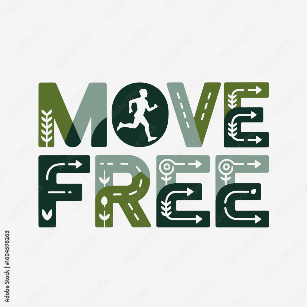 Poster Inspiring move free typography featuring a runner silhouette and dynamic arrow patterns symbolizing movement and freedom