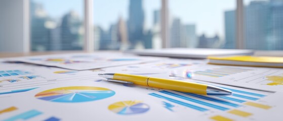 The yellow pen resting on analytical charts in a modern office environment.