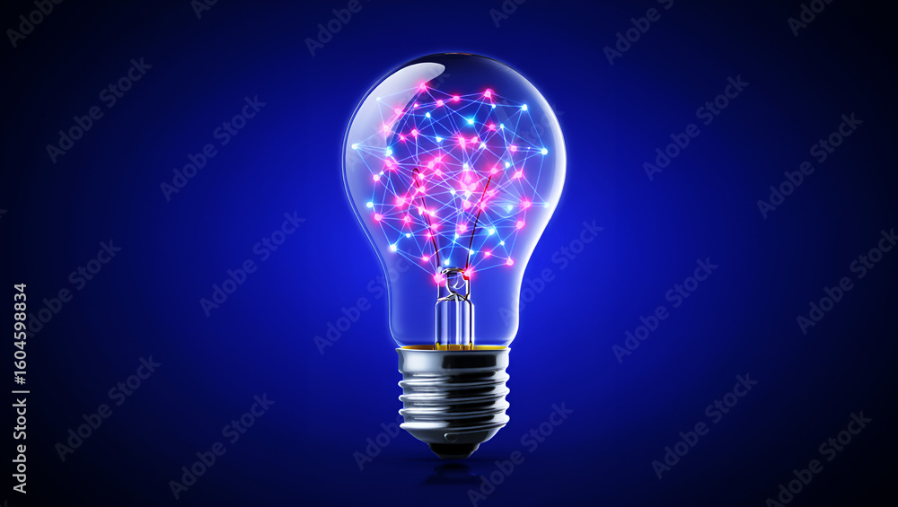 Poster glowing lightbulb with interconnected nodes idea innovation