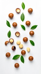 Top view of macadamia nuts both shelled and unshelled with leaves on a white backgro