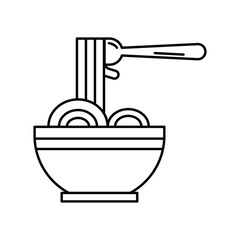Noodle bowl with fork, hot pasta dish, ramen icon, Asian food line art vector illustration for restaurant and kitchen use.