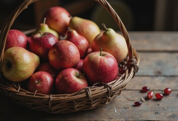 Seasonal fruit arrangement featuring apples, pears, and pomegranates in a wicker basket