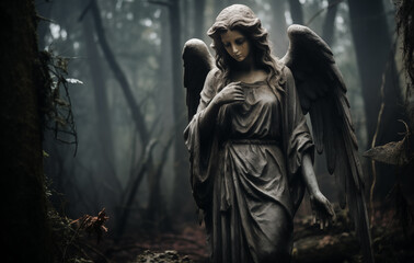 Naklejka premium A beautifully carved angel statue gracefully holds its hand to its chest, surrounded by a fog-laden forest. The scene evokes a sense of tranquility and mystery, captivating the viewer