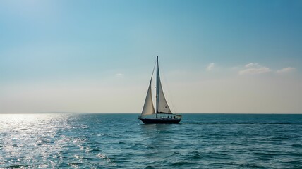 Fototapeta premium Solitary sailboat gliding across blue ocean under clear sky water