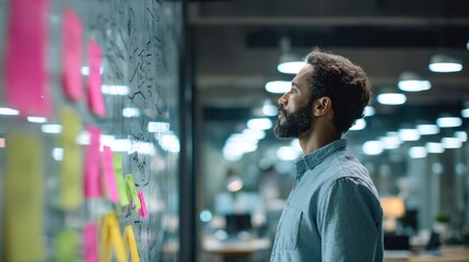 The man contemplating ideas in a modern office environment with sticky notes.