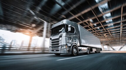 The modern truck speeding through an urban highway under an overpass