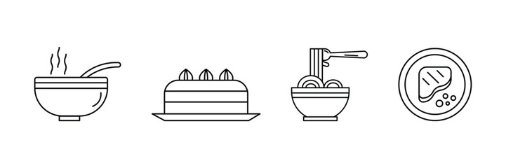 Soup bowl, cake dessert, noodles and steak meal icon collection in linear style vector illustration for food concept.