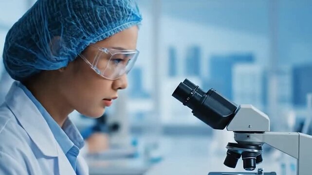 Scientist in lab coat cap and safety glasses using a microscope