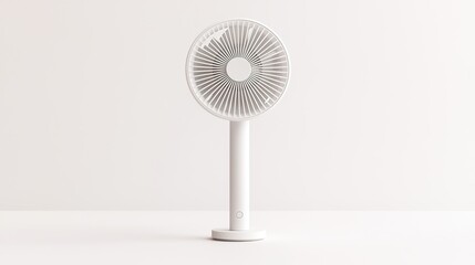 A minimalist handheld fan with turbine-style blades, all-white design, no text or logo, clean cylindrical handle with power button, standing upright on a smooth surface,