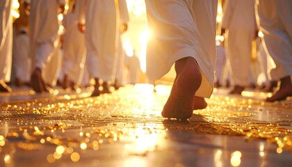 Barefoot pilgrims walking on a golden surface