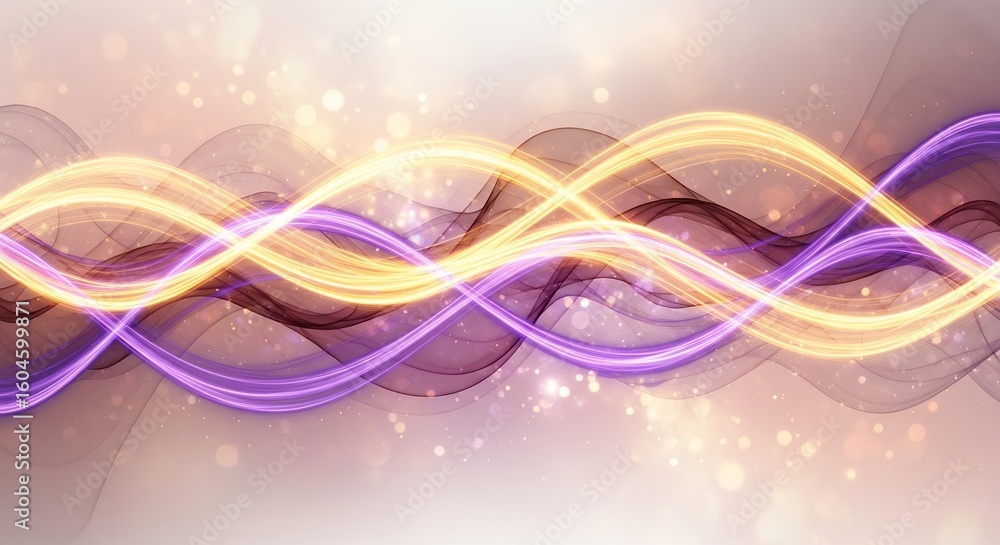 Poster abstract background with flowing golden and purple energy waves and sparkles. concept for data visua