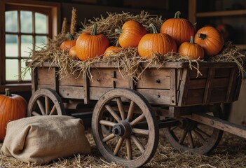 Traditional harvest wagon filled with pumpkins, corn stalks, and hay bales