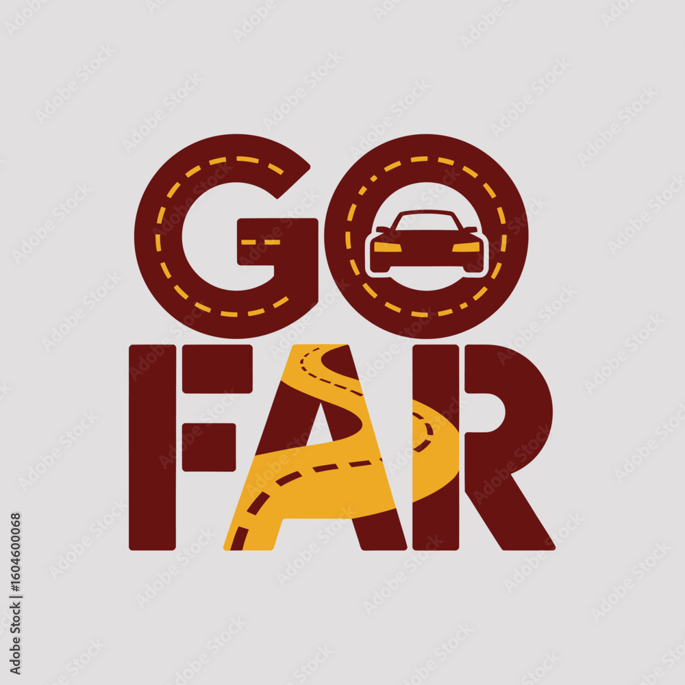 Aufkleber go far a motivational graphic featuring a car on a road integrated into the word far and a tire trea