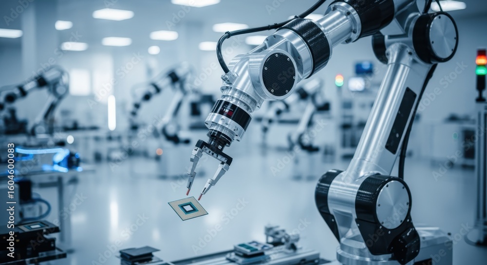 Poster precision robotics handling semiconductor component in modern assembly plant.