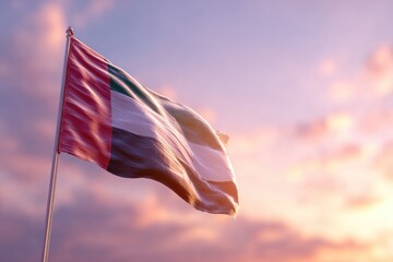 United Arab Emirates flag waving against a pink and orange sky with soft clouds visible