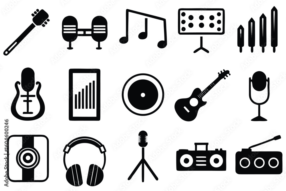 Poster musical collection graphic instruments notes and symbols in a colorful design