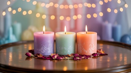 Three pastel lit candles surrounded by dried rose petals image