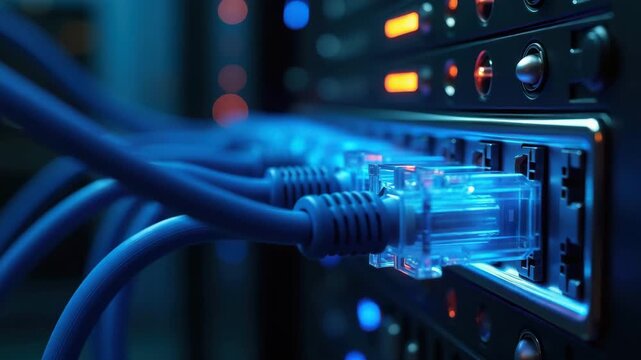 Network cables connected to server rack for data center infrastructure ethernet lan