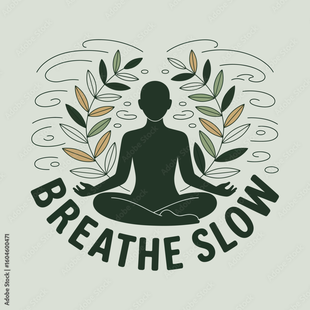 Poster serene silhouette of a person meditating in lotus pose surrounded by flowing lines and botanical ele