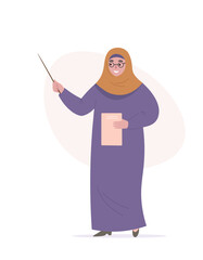 Muslim woman teacher in hijab with pointer in hand standing in full height. Vector flat graphics.