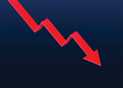3D red business arrow falling dowm represents economic recession, business decline, trading loss