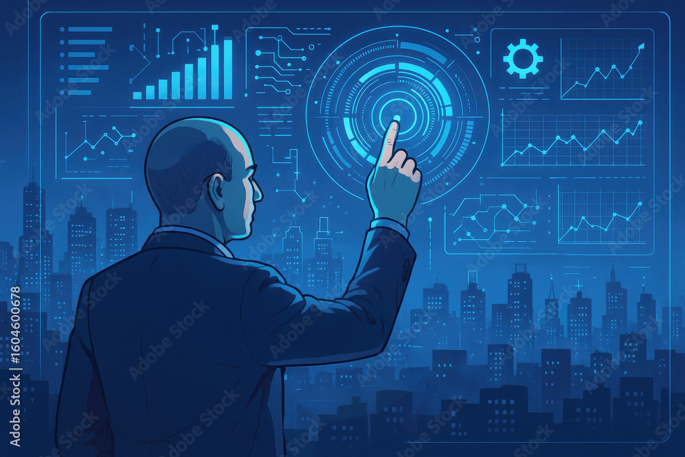 Poster businessman interacting with futuristic digital interface displaying city data and graphs