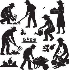 Set of gardeners vegetable growers black silhouettes
 on white background	