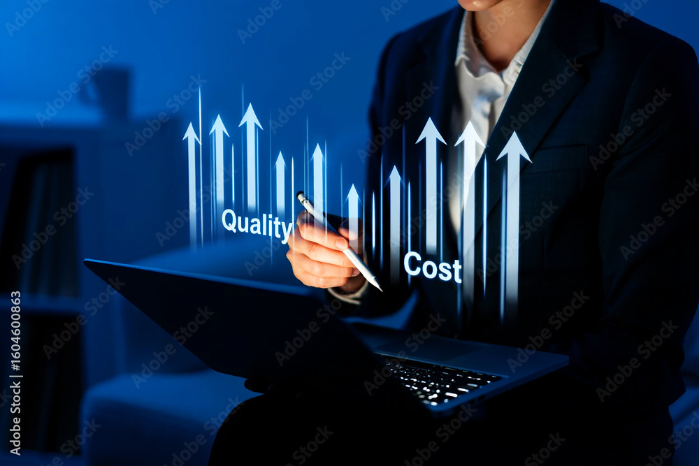 Poster person analyzing business growth charts with digital interface analysis data