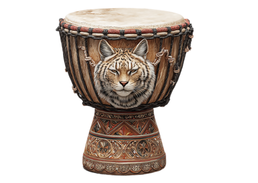 A djembe drum with a tiger design isolated on transparent background