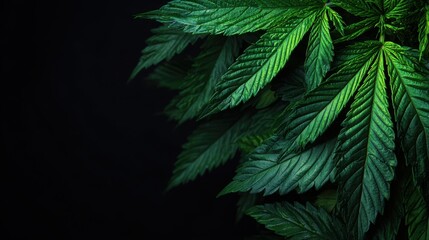 The captivating green leaves of a cannabis plant against a dark background.