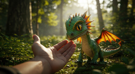 Friendly dragon meets human hand