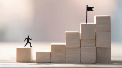 The figurine climbing blocks toward a flag representing success and achievement.