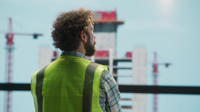 Construction engineer observing building progress at site