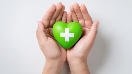 The hands gently cradling a green heart symbolizing health and care.
