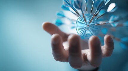The hand throwing darts towards a blue target in a focused game setting.