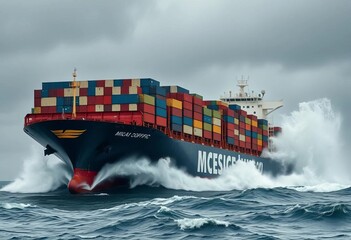 Massive container ship battles Pacific storm, waves crashing,  import,  dramatic