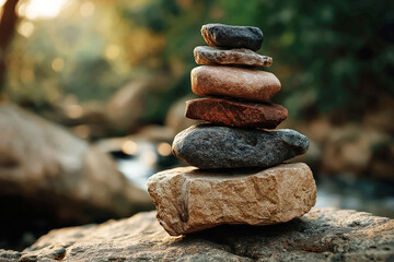 Balanced stones stacked in nature, tranquil setting, soft sunlight filtering through trees, perfect for relaxation themes.