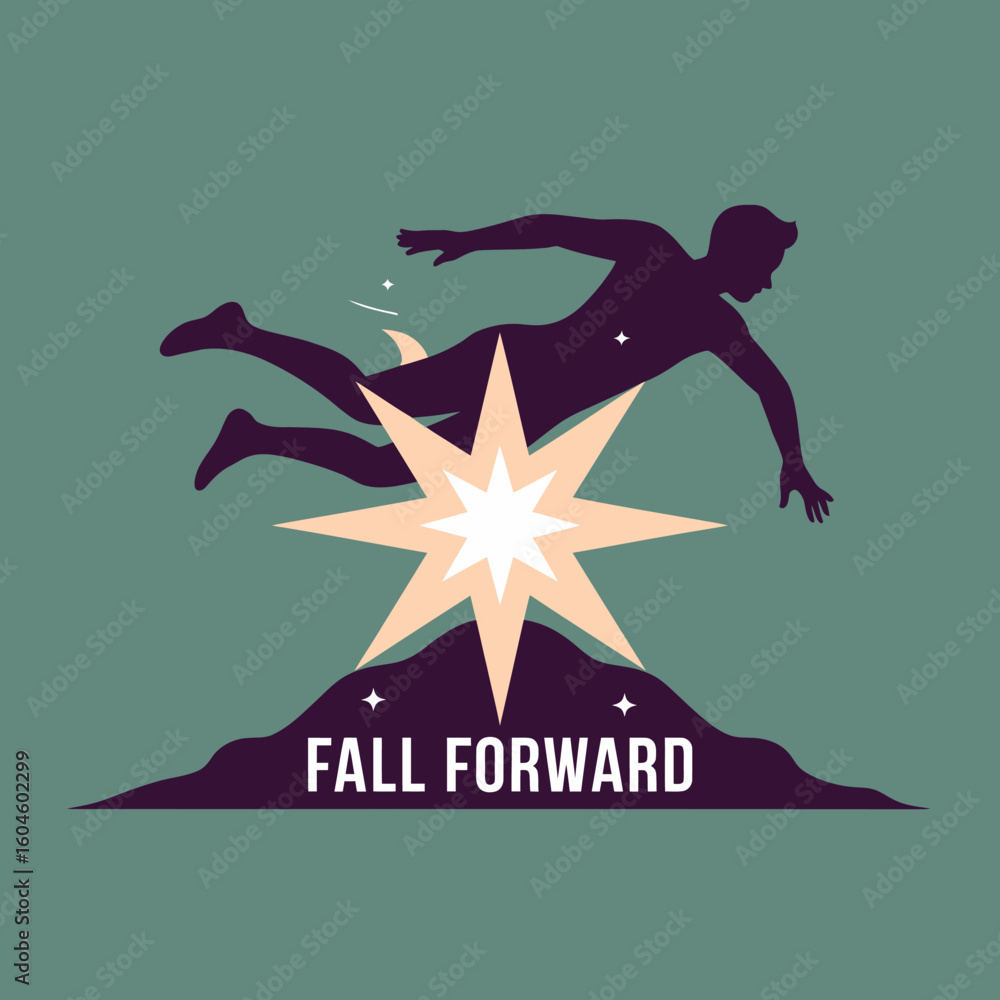 Poster silhouette of a person leaping forward over a glowing starburst embracing progress and moving past o