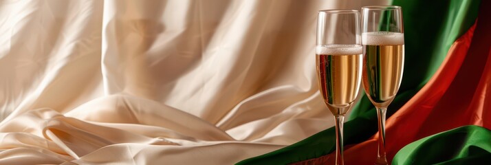 Celebration of Bulgaria independence day with champagne and flag fabric. Horizontal banner. Copy space. Two glasses of champagne and flag of Bulgaria