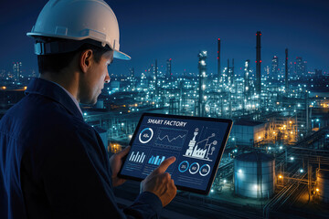 Engineer supervising industrial complex using tablet smart factory supervision