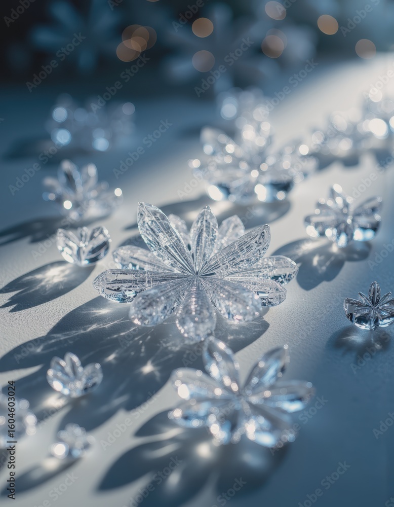 Poster snowflakes and ice crystals with intricate geometric patterns on a surface