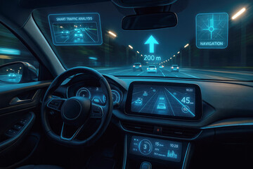 Futuristic car interior with advanced navigation and traffic analysis displays autonomous driving