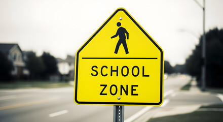 School zone safety sign on a roadside post with a blurred background, signaling a reduced speed and pedestrian crossing area