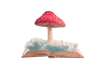 Surreal mushroom emerges from an open book with dreamy clouds
