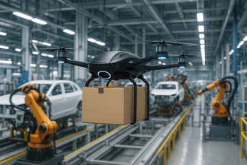 Fototapeta premium Futuristic drone carrying package in automated factory delivery