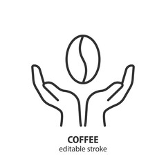 Coffee bean in hands line icon. Editable stroke. Vector illustration.