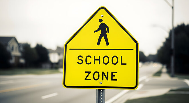 School zone safety sign on a roadside post with a blurred background, signaling a reduced speed and pedestrian crossing area